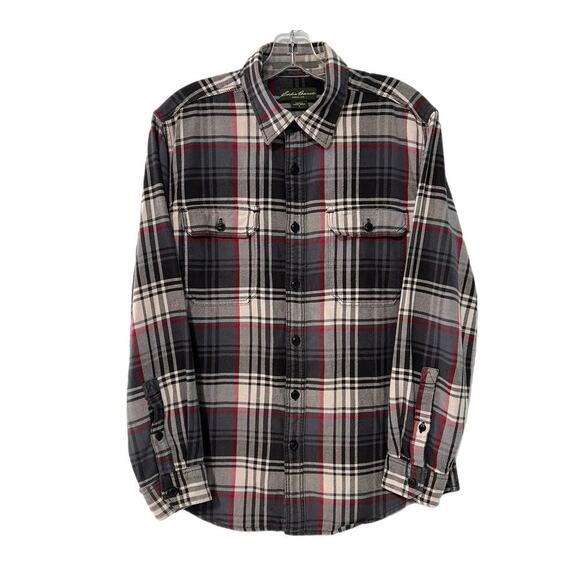Eddie Bauer Long Sleeve Button Shirt Men's Small Black Red Plaid Flannel Outdoor - Picture 1 of 9